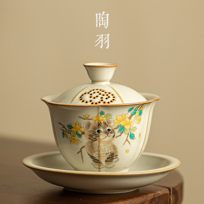 汝窑猫咪三才盖碗茶杯功夫茶具单个陶瓷开片大号不烫手高档泡茶碗,餐饮具,盖碗,淘宝优惠券,粉丝福利购,淘宝优惠卷