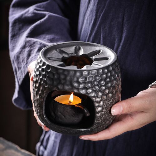 锤纹温茶炉煮茶器 手工复古鎏金陶瓷暖茶器蜡烛加热茶壶底座家用