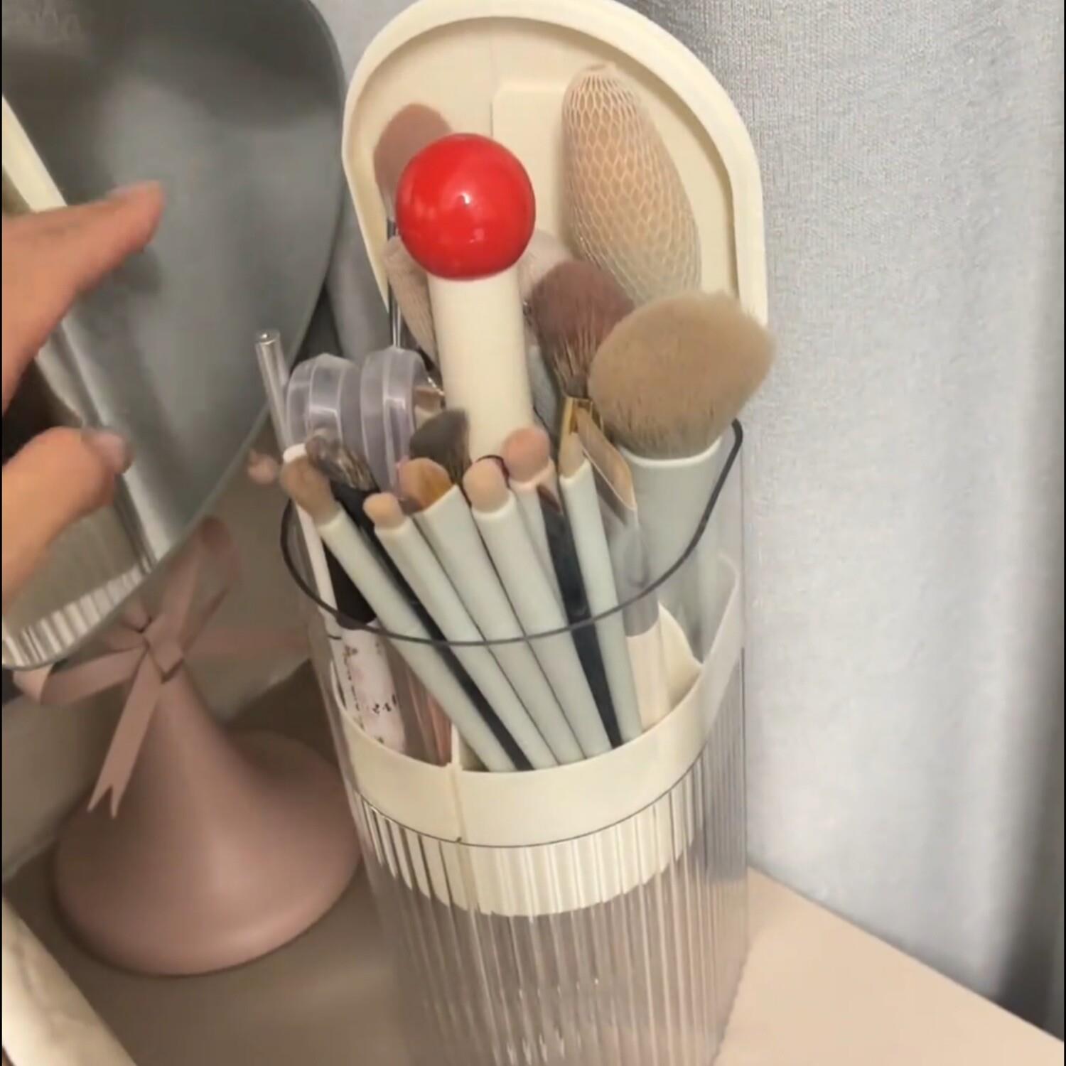 化妆刷收纳筒桌面按压防尘化妆品眉笔刷子桶高级感自动升降化妆桶