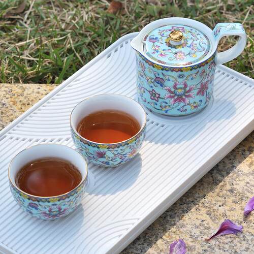 珐瑯彩旅行茶具随身一壶一杯小茶壶粉色女士一人泡红茶专用快客杯