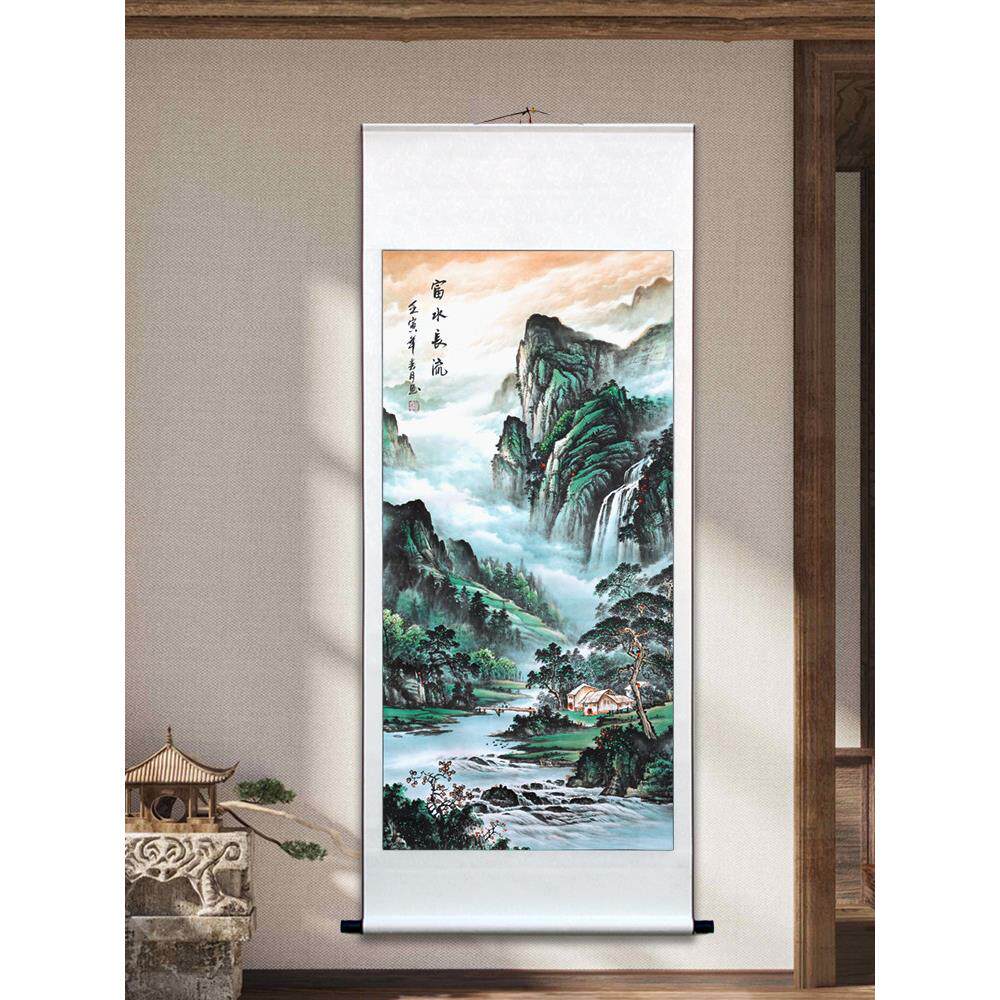 山水画玄关装饰画竖版卷轴画客厅风景画办公室墙壁走廊过道挂画