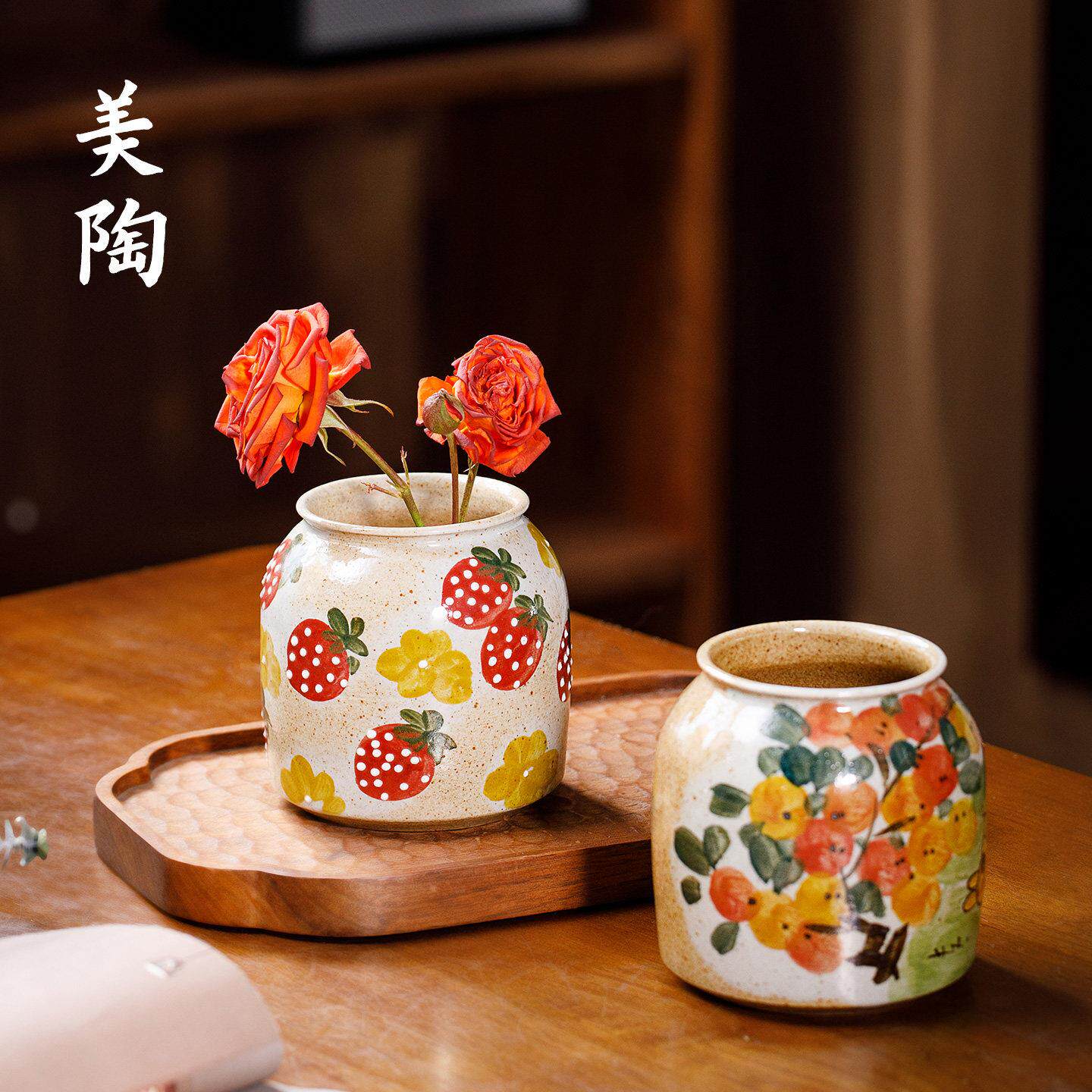 景德镇插花器手作粗陶水培花瓶复古手绘花间瓷罐桌面装饰收纳摆件