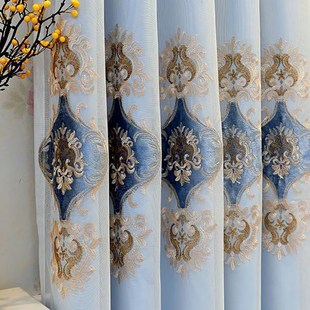 全套带杆窗帘卧室遮光带帘头绣花双层窗帘免打孔安装欧式客厅飘窗