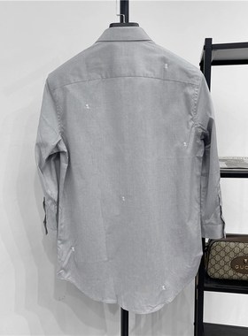 DH男装夏季男士修身七分袖小方领衬衫 纯棉中袖烟灰色小绣花衬衣