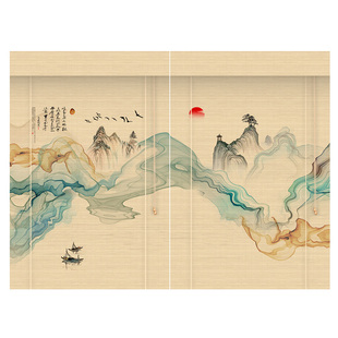 禅意山水风景画竹帘卷帘窗帘卷拉式升降茶室中式遮阳隔断装饰帘子
