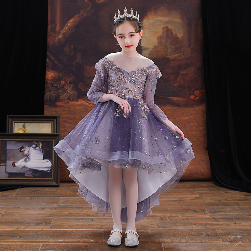 儿童礼服公主裙女童生日紫色长袖花童主持人钢琴演出服演奏秋冬季