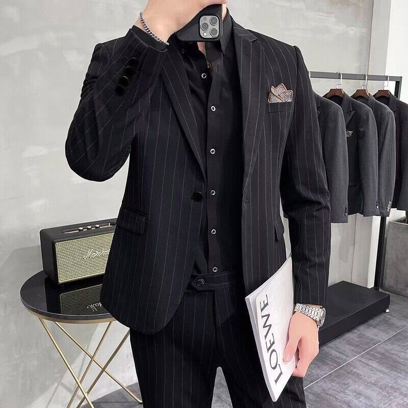 西服套装男士休闲商务正装条纹外套修身伴郎新郎结婚礼服免熨烫西