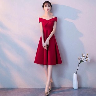 一字肩敬酒服新娘结婚订婚连衣裙红色礼服日常小个子聚会大气简约
