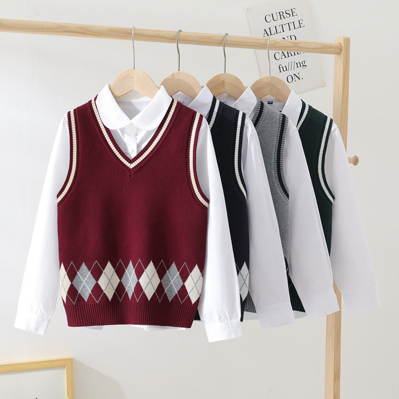 女童马甲2022格子新款儿童针织学生男童校服红色学院风毛背心毛衣