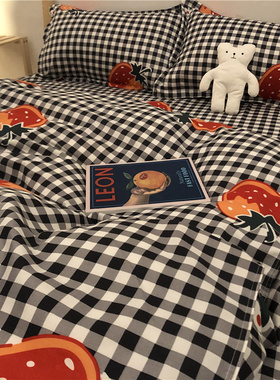 卡通风格子少女心灰色四件套单人学生宿舍床单被套三件套床上用品