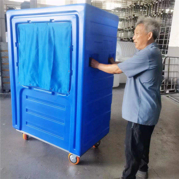 陕西布草笼车塑料大号运输酒店布草桶耐碰撞周转箱带轮子方桶图片