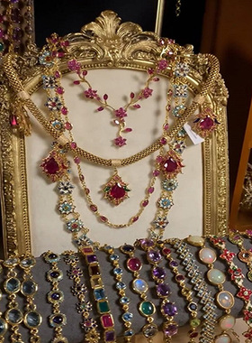 中古vintage轻奢项链宫廷风重工镶钻水滴锁骨链感复古项饰女