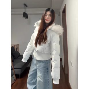 外套 小个子保暖夹棉袄加厚短款 巨好看白色毛领羽绒棉服女冬季 新款
