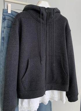 重磅加厚深灰色卫衣外套女气质慵懒保暖百搭秋冬韩版连帽拉链开衫