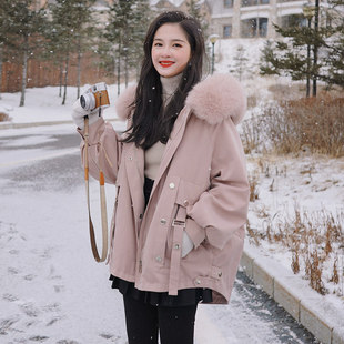 百搭宽松工装 棉衣中长版 加绒加厚外套 2024爆款 粉色派克棉服女冬季