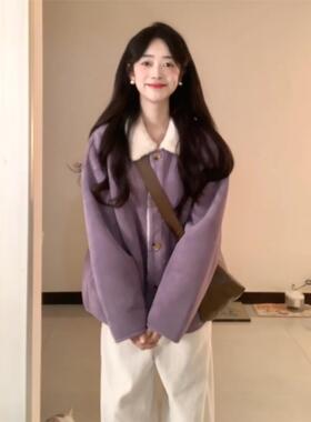 紫色冬季外套女2025新款宽松百搭麂皮一体翻领加绒加厚保暖羊羔毛