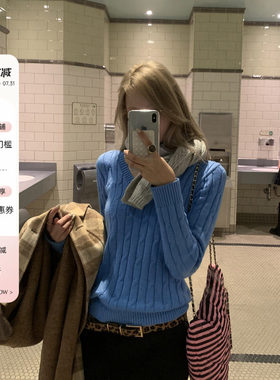 8uioio《比利时钟声》蓝色V领麻花毛衣女春夏新款长袖针织衫上衣