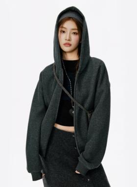 外套女装冬灰色连帽卫衣开衫巨好看的初冬外套厚女款2025新款短款