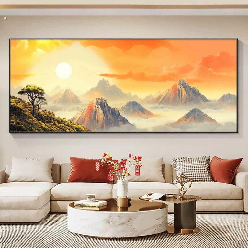 鸿运当头办公室挂画靠山图沙发背景墙山水壁画旭日东升客厅装饰画