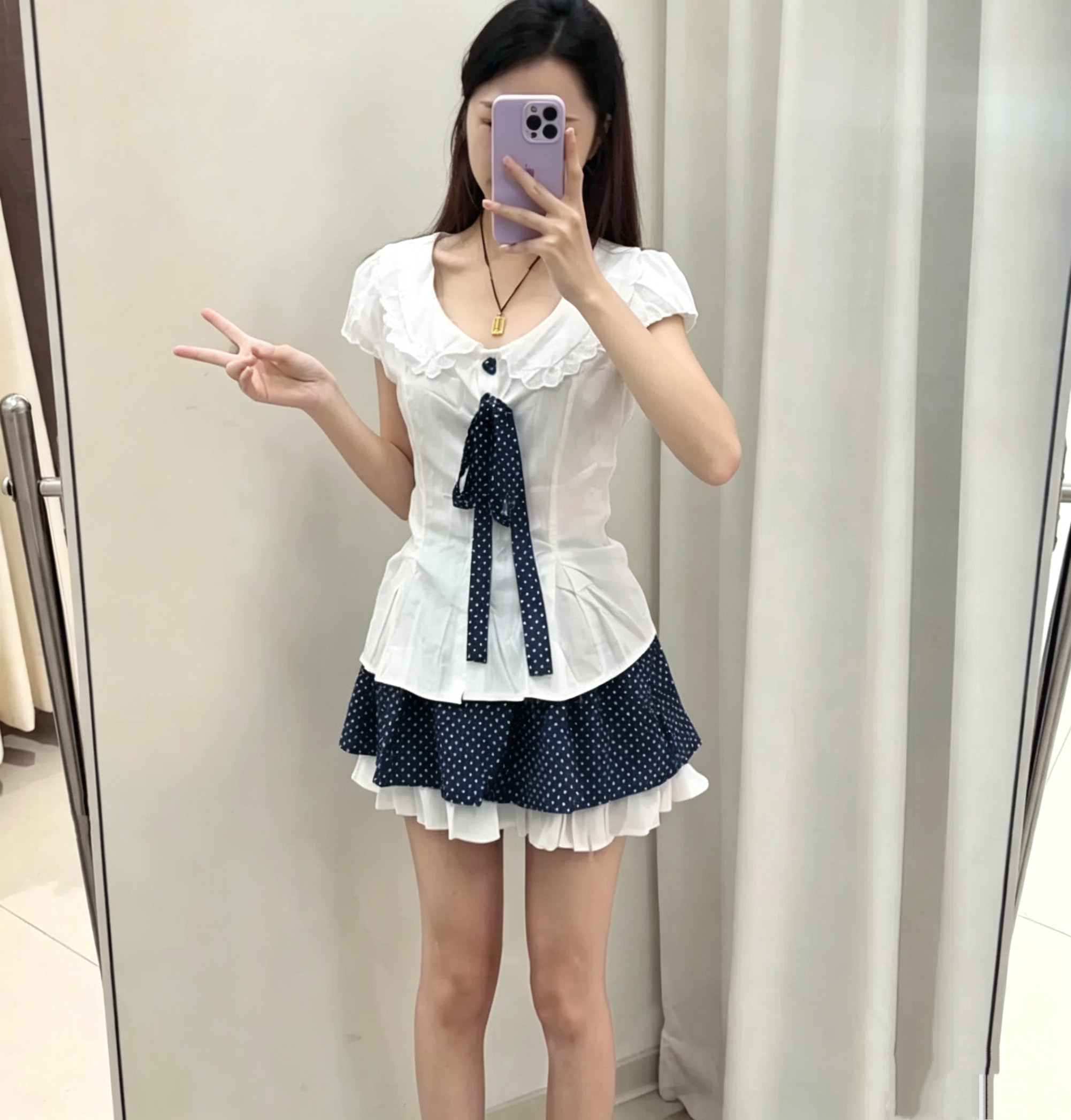 娃娃领蕾丝拼接衬衫女波点蛋糕裙