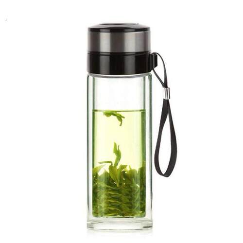 双层带提绳玻璃杯便捷男女户外运动家用耐热泡茶吊绳隔热车载水杯
