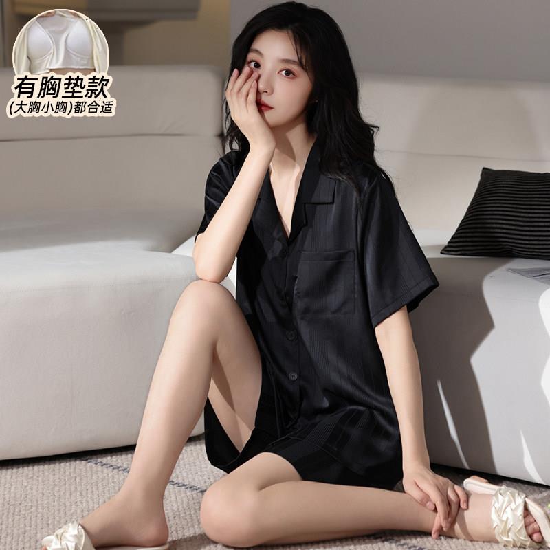 新中式睡衣女款夏高级感国风带胸垫短袖彷真丝绸冰丝套装开衫少女