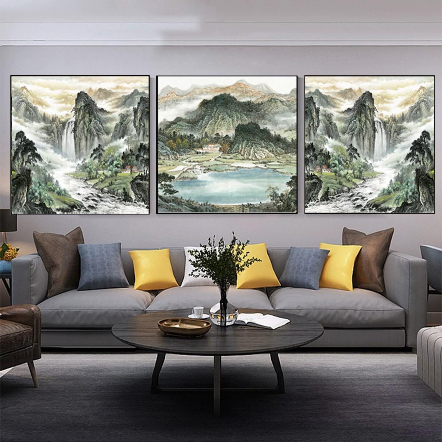 左右逢源聚宝盆山水三联装饰画客厅沙发背景墙办公室风水聚财挂画