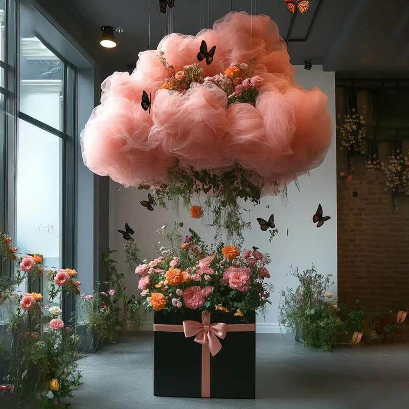 仿真玫瑰花背景墙网红打卡云朵瀑布花艺造景家居装饰品高级感氛围
