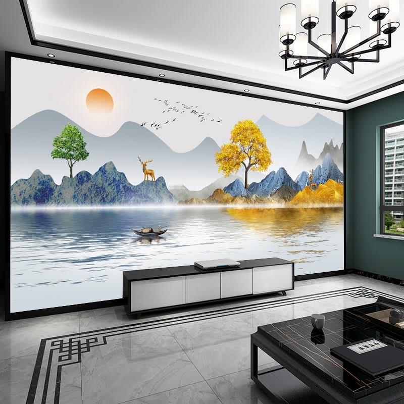 新中式客厅贴画沙发电视背景墙山水画壁纸轻奢墙纸3d立体墙贴墙布