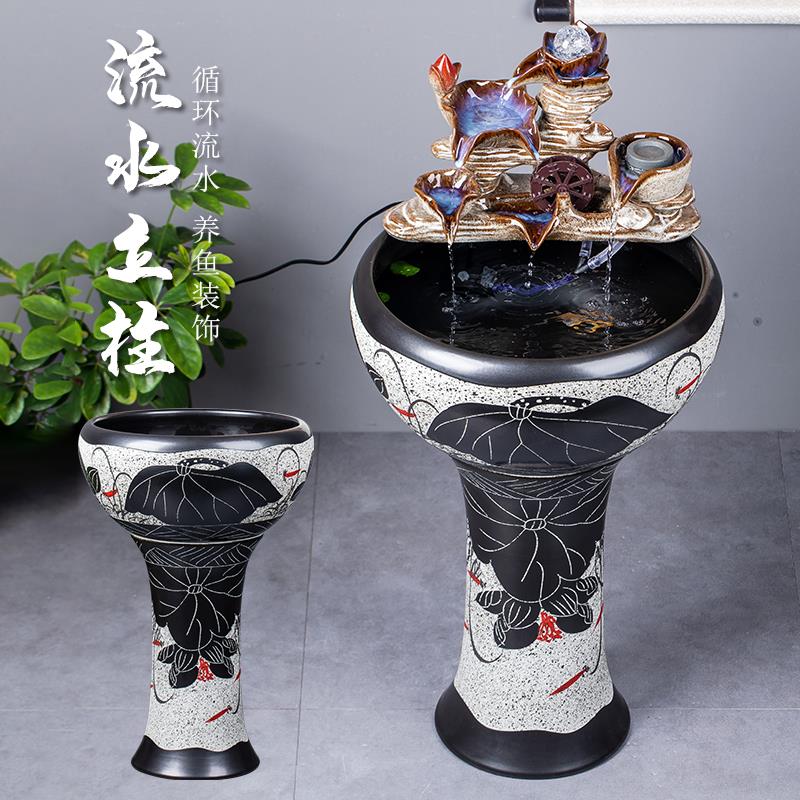 景德镇陶瓷落地立柱式鱼缸茶壶流水金鱼缸睡莲碗莲荷花盆锦鲤室外