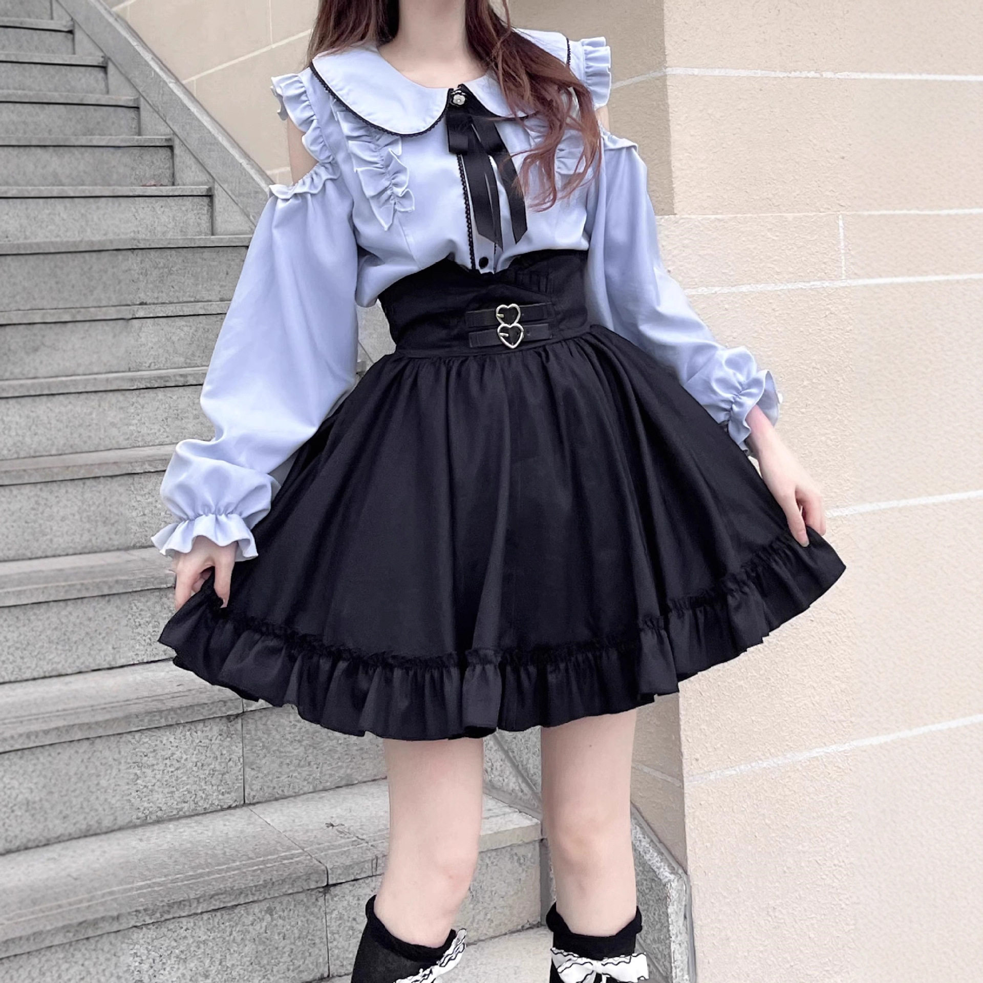 小个子甜美可爱娃娃领露肩长袖衬衫上衣收腰半身裙子女两件套秋季