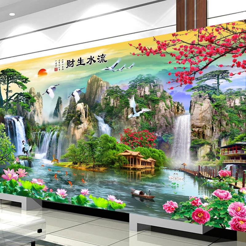 纯手工十字绣成品迎客松财源广聚流水生财风景山水画带框已绣好的