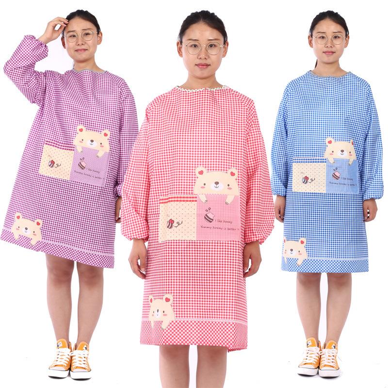 定位小熊桃皮绒罩衣一体式长袖围裙反穿家居服清洁工工作服可爱