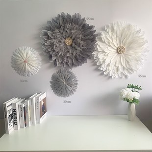 侘寂风仿古墙面装饰棚顶装饰挂件卧室床头挂饰羽毛花朵美睫店背景