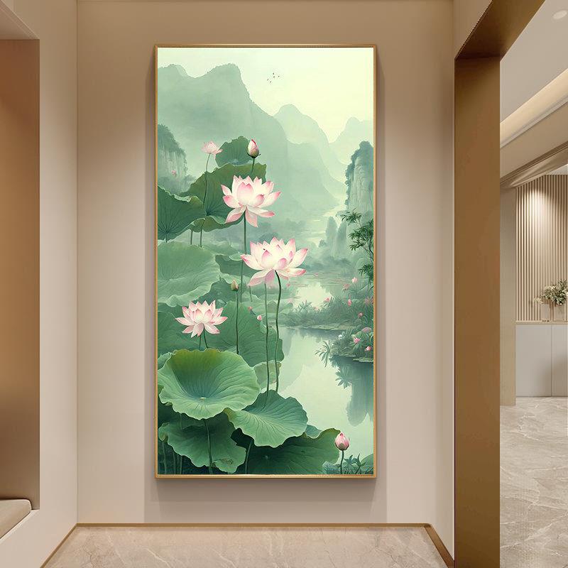 新中式玄关装饰画荷花莲花走廊聚财挂画客厅茶室壁画山水晶瓷画