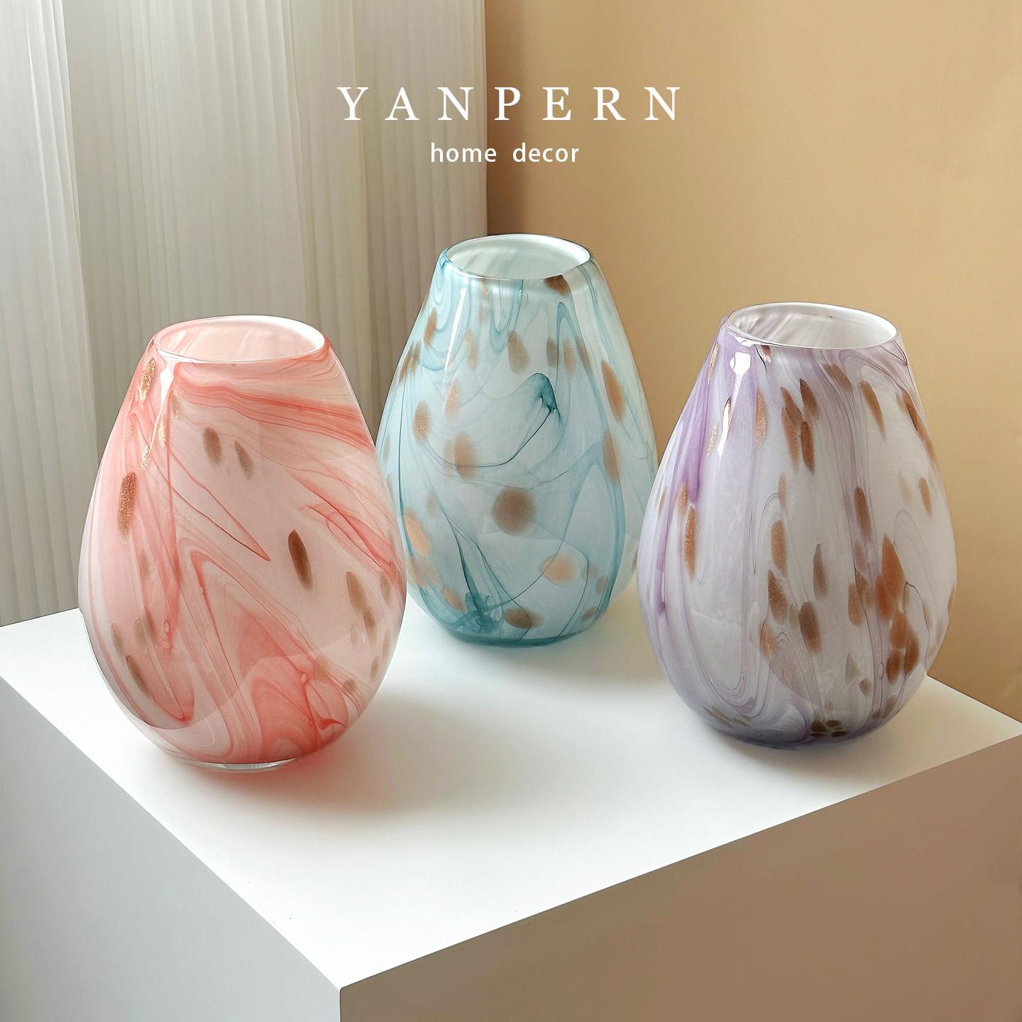 现代简约手工琉璃花瓶客厅插花摆件餐桌茶几彩色玻璃水培小花器