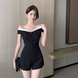 夏季新款法式小个子高级感气质女神范连身衣裤一字肩连体短裤套装