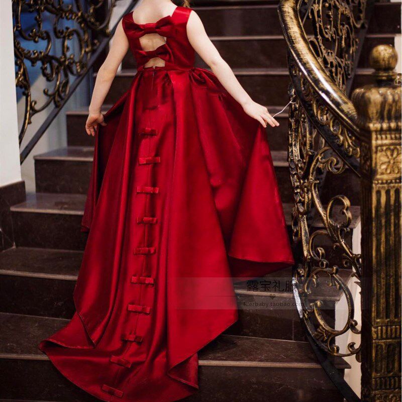 2024新款女童钢琴演出服红色公主裙高端缎布主持人婚礼小伴娘礼服