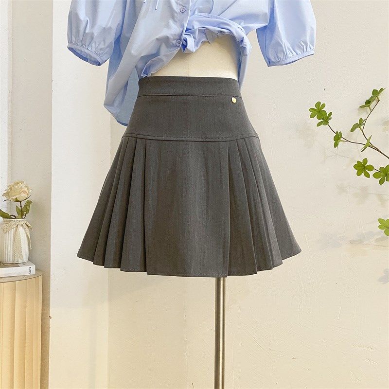 灰色西装百褶裙半身裙女春夏高腰a字短裙显瘦防走光学院风jk裙子
