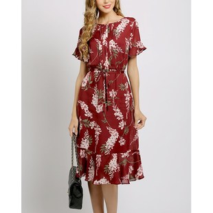 欧美大码高端短袖雪纺花印鱼尾荷叶边连衣裙百褶长裙女装夏季高腰