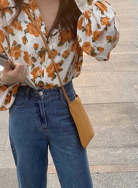 黄色油画上衣80年代港风衬衫女复古雪纺衬衣防晒衣2022年V领碎花