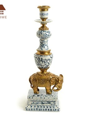 新古典青花瓷陶瓷配铜复古天使时钟烛台摆件奢华别墅会所高端饰品