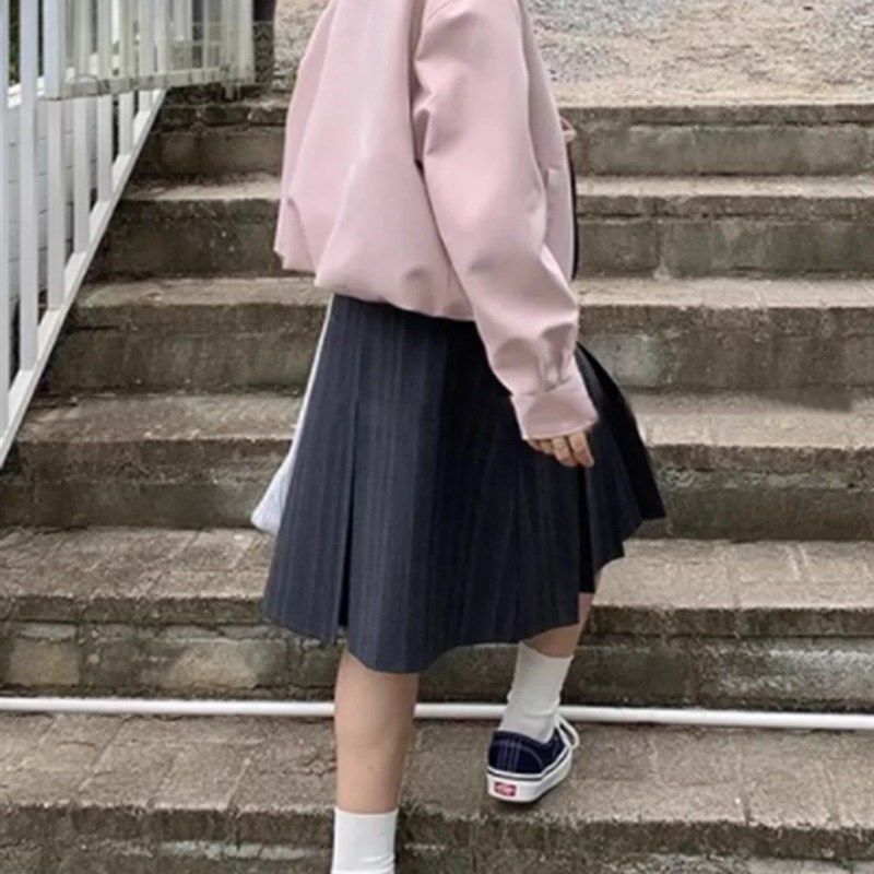 微胖大码灰色条纹半身裙女夏季高腰显瘦a字中裙设计感西装百褶裙