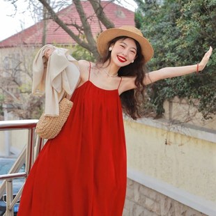 红色连衣裙夏女大码高个子A字裙脚裸超长裙宽松V领长款吊带背心裙
