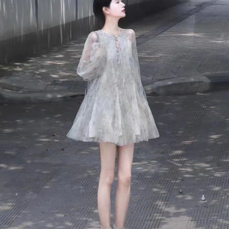 绝美小裙海边度假连衣裙女夏季网纱长袖防晒短裙仙气桔梗蓬蓬裙子