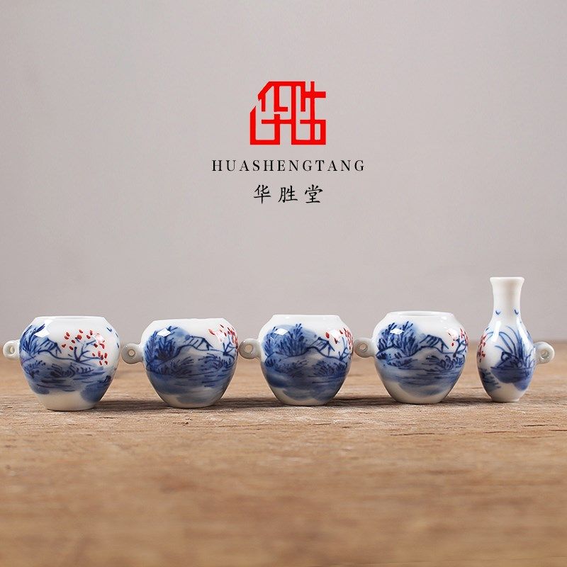 华胜堂手绘青花釉里红山水图波笼五件套绣眼鸟罐喂食器 鸟笼配件,宠物/宠物食品及用品,鸟禽喂食器/喂水器,淘宝优惠券,粉丝福利购,淘宝优惠卷