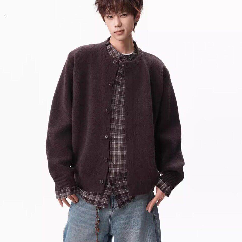 咖色老钱风拼接假两件格子针织衫男冬季痞帅叠穿毛衣外套休闲卫生