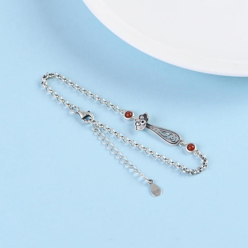 - 925银手链 复古文艺气质如意圆环珍珠链南红玛瑙银链女款