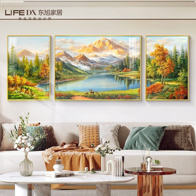 聚宝盆山水画客厅挂画手绘油画沙发背景墙装饰画日照金山三联壁画