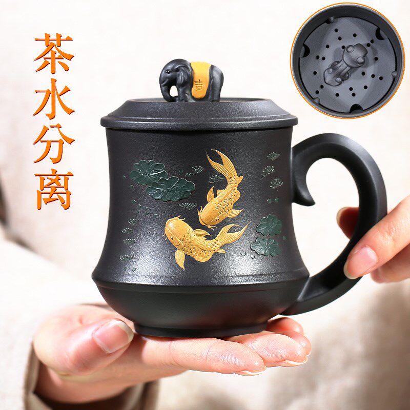 宜兴手绘紫砂杯泡茶杯茶水分离隔舱过滤喝水家用男女杯子办公茶具